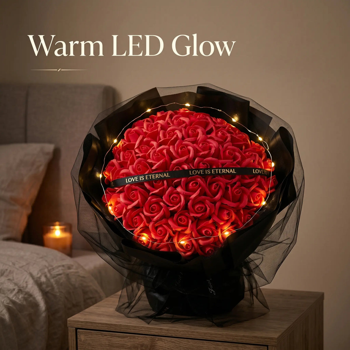 52 Luxury Eternal Roses with LED Fairy Lights - Gift Ready Handcrafted Faux Flower Bouquet for Girlfriend Wife