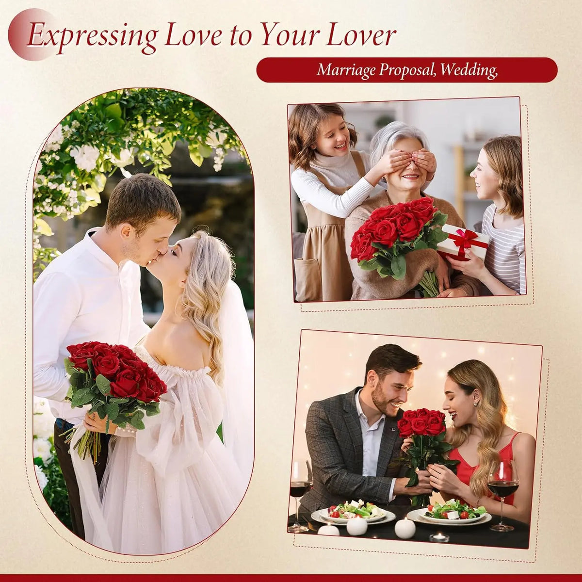 SINSOLEDAD Decorative Artificial Rose Bouquet (6/12/18 Pcs, Red/White/Gold) - DIY Friendly Flower Arrangements for Indoor Spaces, Wedding Decor, Mother's Day Gifts