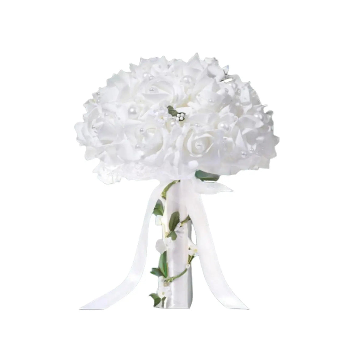 Pearl Artificial Rose Wedding Bouquet with Ribbons, Elegant Bridal Flower Bouquet for Special Occasions