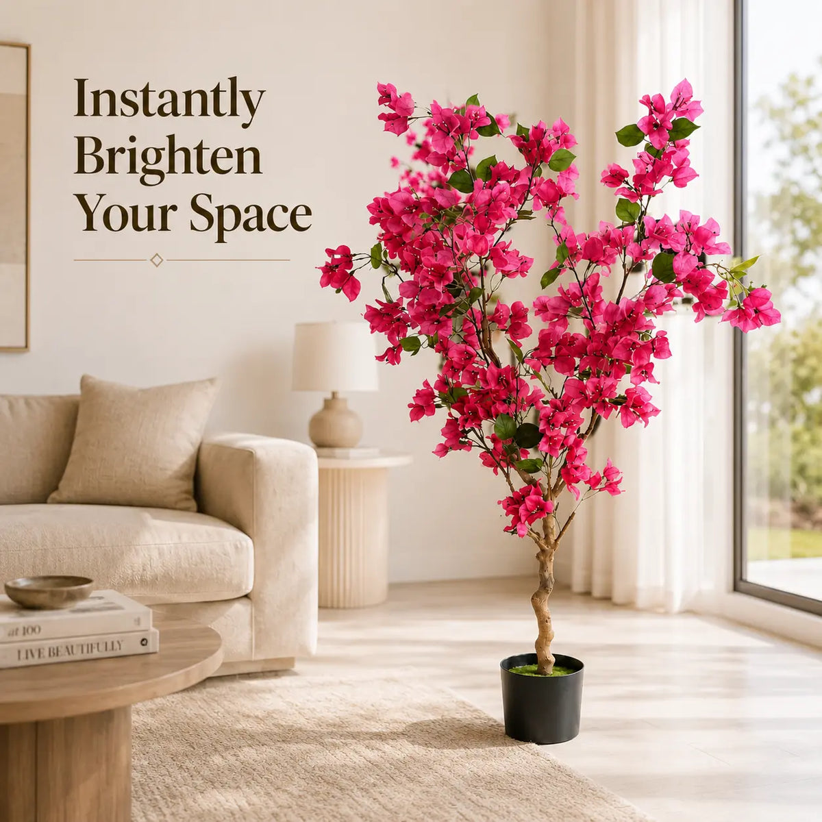 4FT Artificial Bougainvillea Tree with Black Pot, Realistic Pink Faux Flowering Plant for Living Room, Bedroom, Office & Entryway Decor sohochic