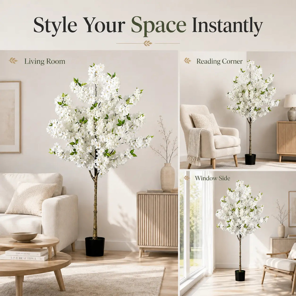 5FT Artificial White Cherry Blossom Tree with Black Pot, Lifelike Faux Flowering Floor Plant for Living Room, Bedroom, Office, Wedding and Spring Home Decor sohochic