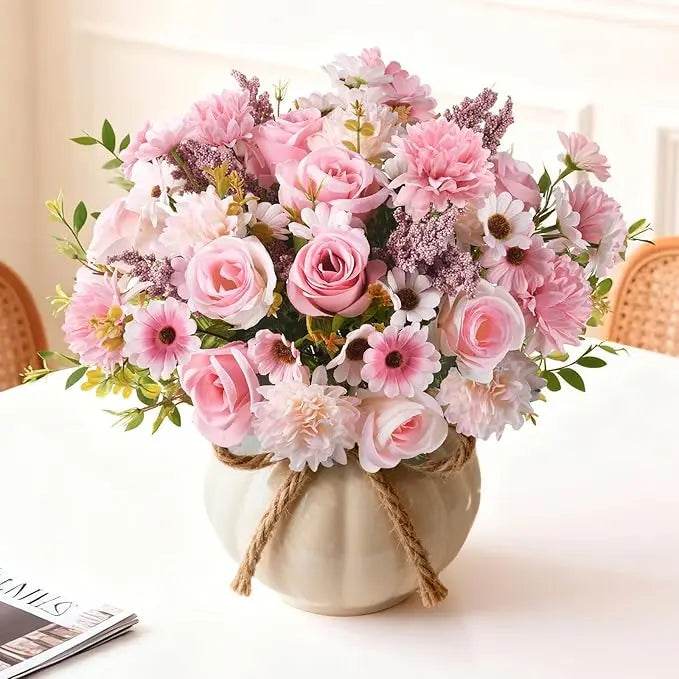 4PCS Elegant Peony & Rose Artificial Bouquet Set with Light Hydrangea Accents, Floral Decorative Gift for Home Entryway, No Container Included