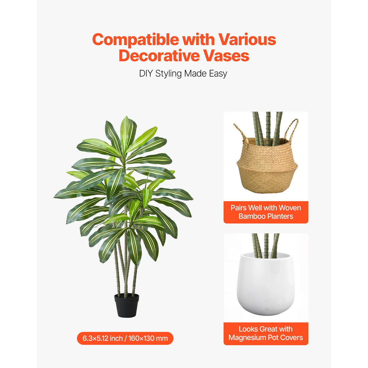 VEVOR Artificial Dracaena Tree 5 ft, Fake Palm Tropical Plants with White Tall Planter, Faux Floor Silk Plant in Pot, Large Trees for Home Office Living Room Decor House Warming, Indoor Outdoor