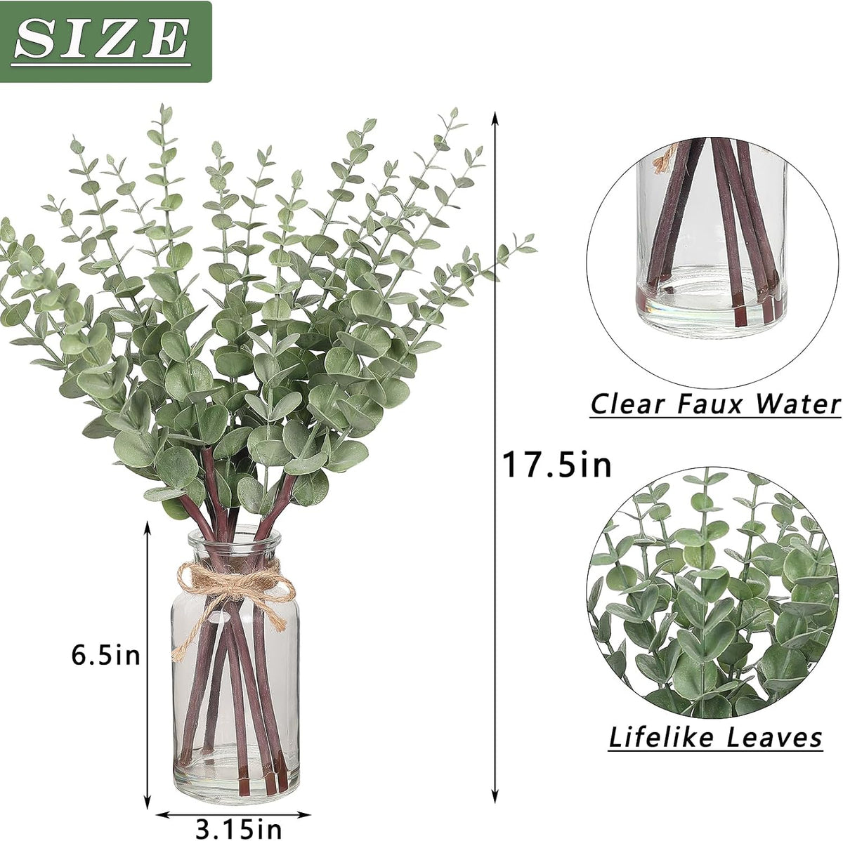 17.5" Artificial Eucalyptus Stems in Glass Vase with Faux Water(Sage Green)