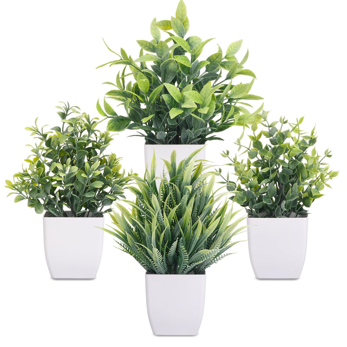 CEWOR Fake Plants 4 Packs Small Artificial Greenery Mini White Potted Plants Bathroom Accessories Decorations for Desk Bathroom Office Home Room Kitchen Table Indoor