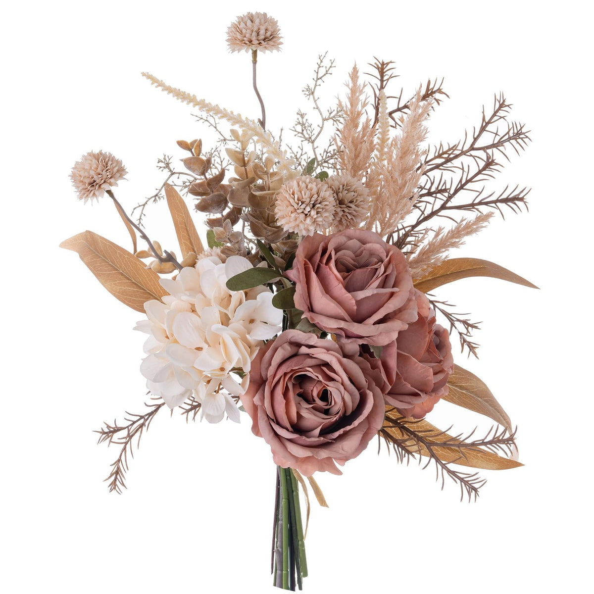 12-inch Small Fake Silk Flowers Fall Bouquet Faux Centerpieces with Roses, Dandelions, Hydrangea, Daisies, Hollyberries - Realistic Artificial Floral Arrangements for Home Kitchen Decor