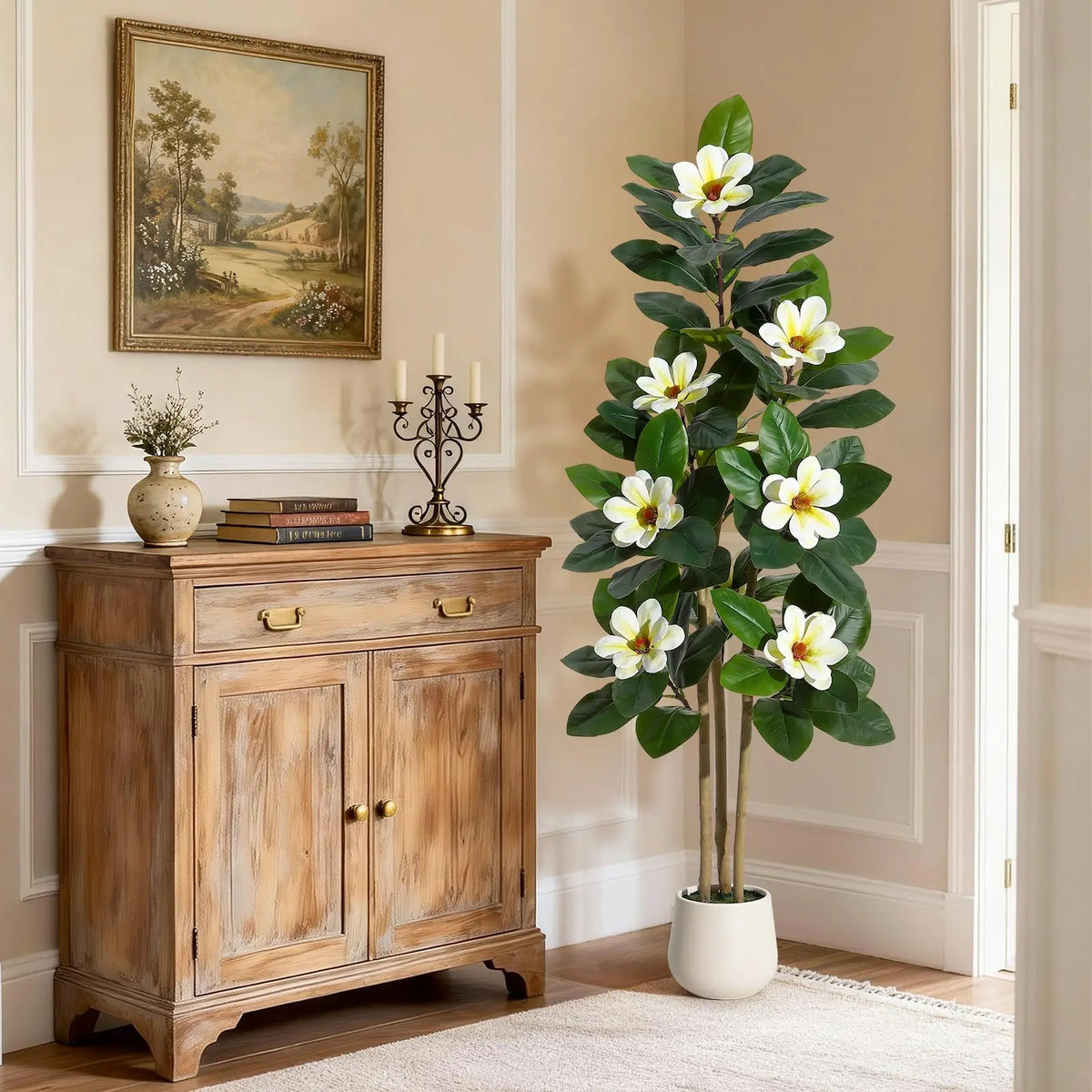 5FT Tall Fiddle Leaf Fig Tree Artificial Plant with Magnolia Flowers in White Planter, Large Faux Rubber Tree Floor Plant for Home, Office, Living Room Decor