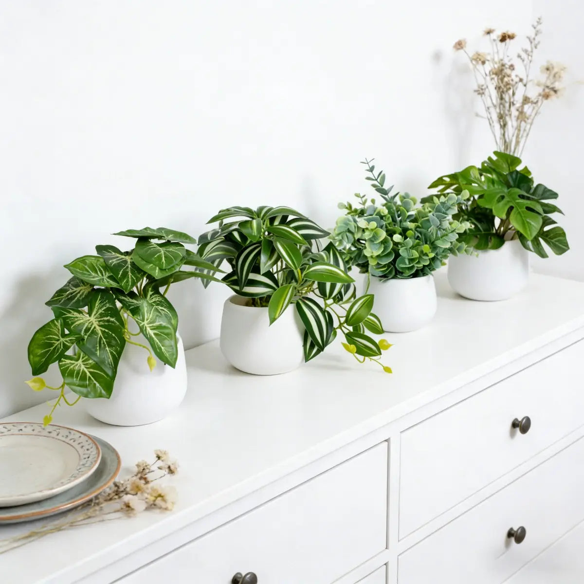 Set of 4 Potted Artificial Plants, Decorative Fake Plants with Various Leaf Shapes, Perfect for Home Decor, No Maintenance Required, Ideal for Windowsills and Tabletops, Artificial Faux Plants