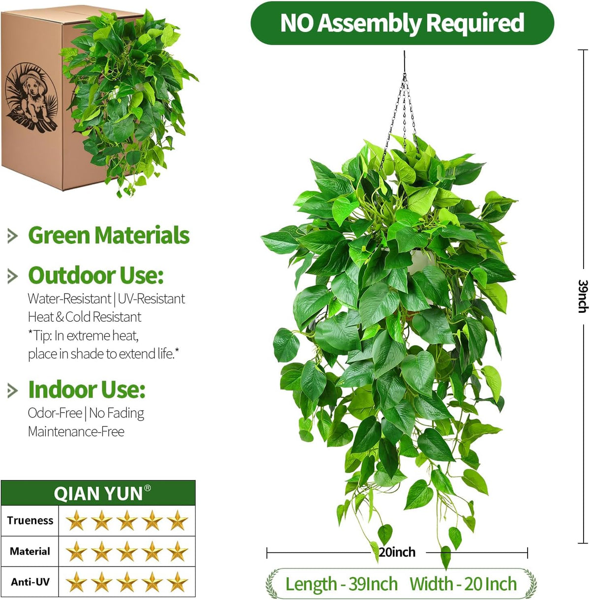Hanging Plant Artificial Ivy – 40" Fake Potted Plants with Pot, 2PCS Trailing Greenery Vines for Indoor Shelf, Bedroom, Living Room, Bathroom, Office, or Outdoor Porch Decoration