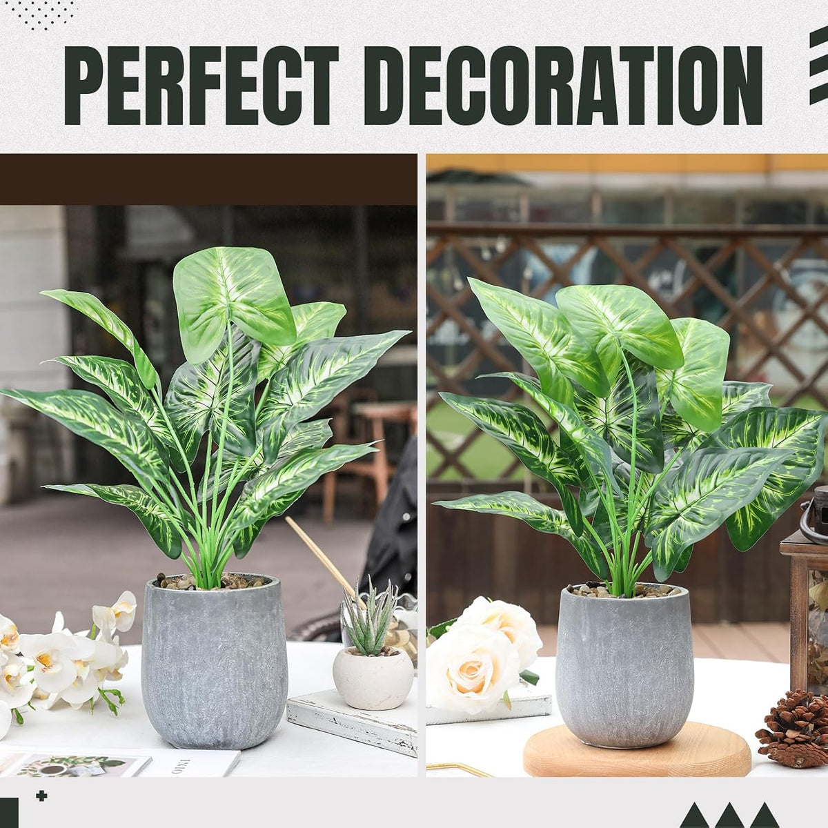 Der Rose 16" Fake Plant Potted Taro Leaf with Rocks for Home Decor
