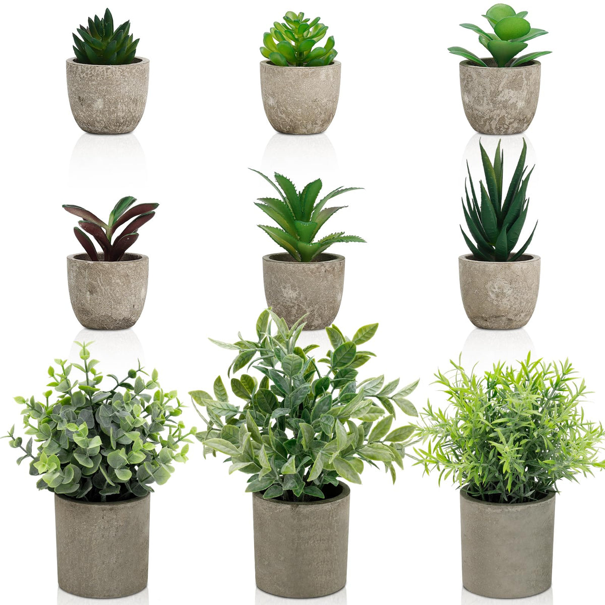 AUUGUU Artificial Potted Plants Faux Greenery in Cement Pots for Shelf, Bookshelf, Office or Home Decor, Small Decorative Fake Plants for Modern Indoor Display