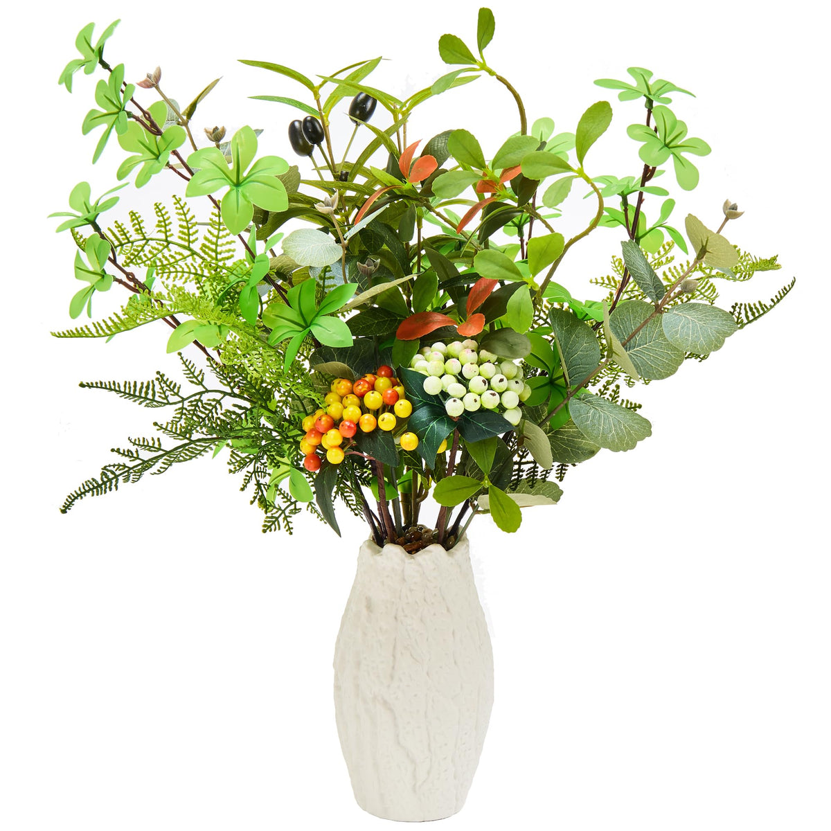 K&Y Realistic Artificial Potted Plants Olive Wild Fern Berry Decor Low Maintenance Faux Greenery Indoor Fake Plants for Home Office Bathroom Kitchen Desk Shelf (Gray Flowerpot Potted Plant)