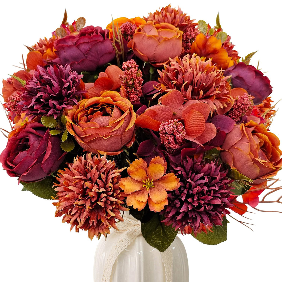 2 Bundles Fall Artificial Flowers Bouquet Fake Peony Silk Chrysanthemums Autumn Faux Floral Arrangements for Home Decor Indoor Kitchen Table Centerpieces Vase Decoration (2, Burnt Orange)
