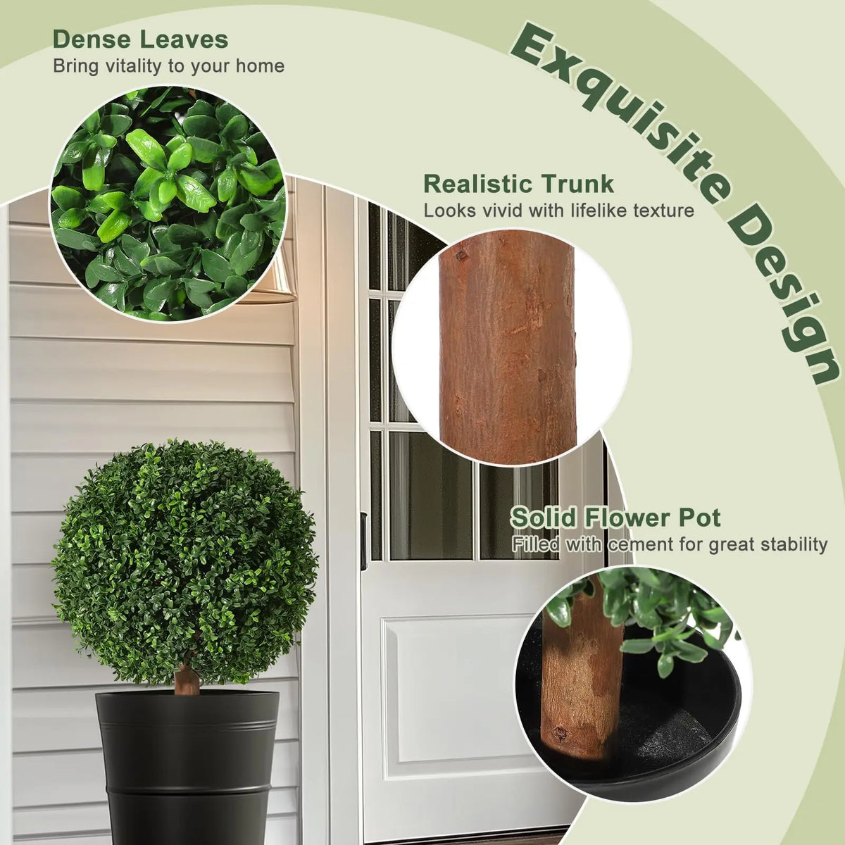 24 in Artificial Topiary Boxwood Ball Trees, Set of 2 UV Resistant Plants,Faux Boxwood with 6 in x5 in Pots for Front Porch, Indoor Walkway, Entryway Decorating