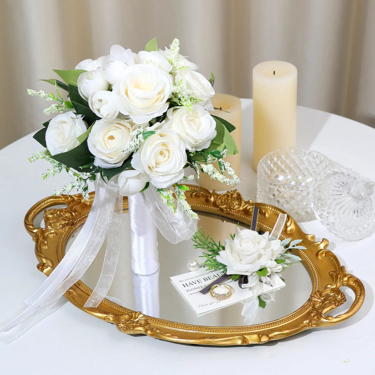 Wedding Bouquets Set of 3 for Bride Bridesmaid, White Champagne Roses Flowers for Bride Bridesmaid Wedding Bouquets, Bride Gifts, Home Decoration and Valentine's Day