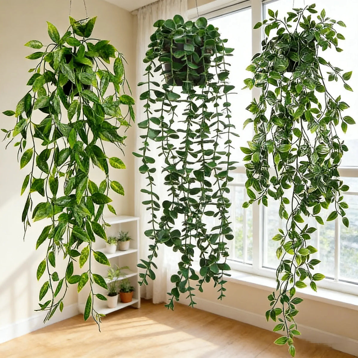 3pcs Lightweight Artificial Hanging Potted Evergreen Leaf Plants - Versatile Decor for Cool Rooms, Aesthetic Spaces, House & Kitchen Use with Garden Pots & Planters, Cool Room Decor