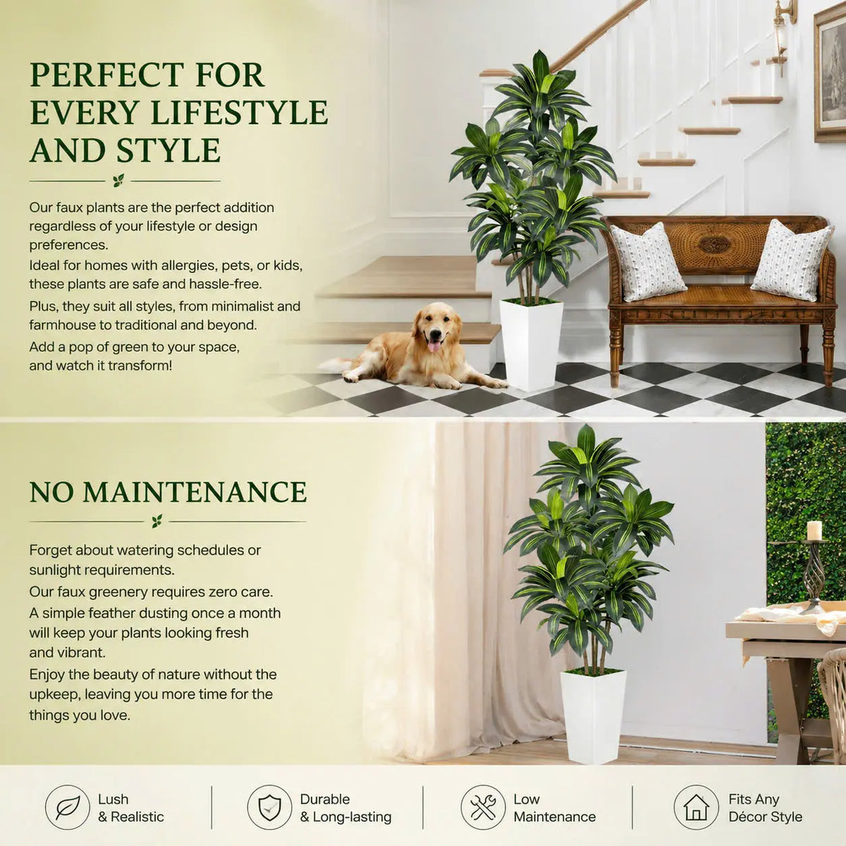 ROMSWI 5FT/6FT Artificial Dracaena Tree with 15.7" White Planter, 60" Tall Faux Potted Plant with Lifelike Green Leaves for Indoor & Outdoor Home, Office & Living Room Decor