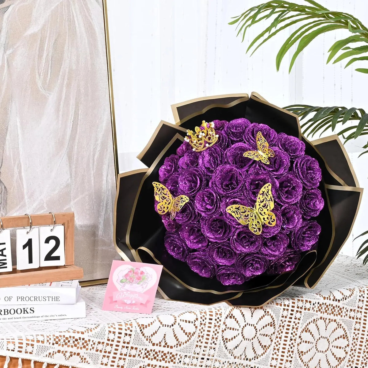 24 Glitter Roses Bouquet, DIY Fake Glitter Flowers Bouquet, Eternal Rose Flowers, Valentine's Day Gift, Everlasting Artificial Rose Bouquet, Artificial Flower Bouquets, Diy Flower Decor, Artificial Flower Set, Decoration Bouquet, Decorative Fake Flower