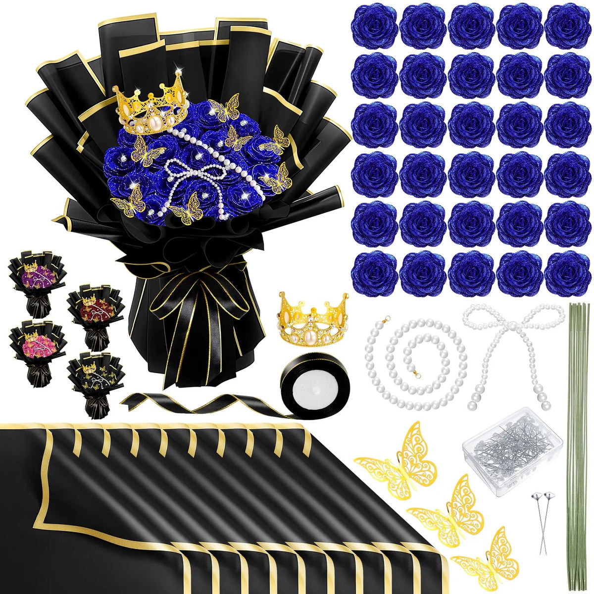 Waterproof Glitter Fake Roses Bouquet Set (24pcs, 36pcs Option), with Waterproof Wrap, 3D Butterflies, Crowns, Alphabet Stickers, Ribbons & Yarn - DIY Home Decor for Wardrobe, Study - Unique Adult GF Gift, Anniversary Gifts for Her