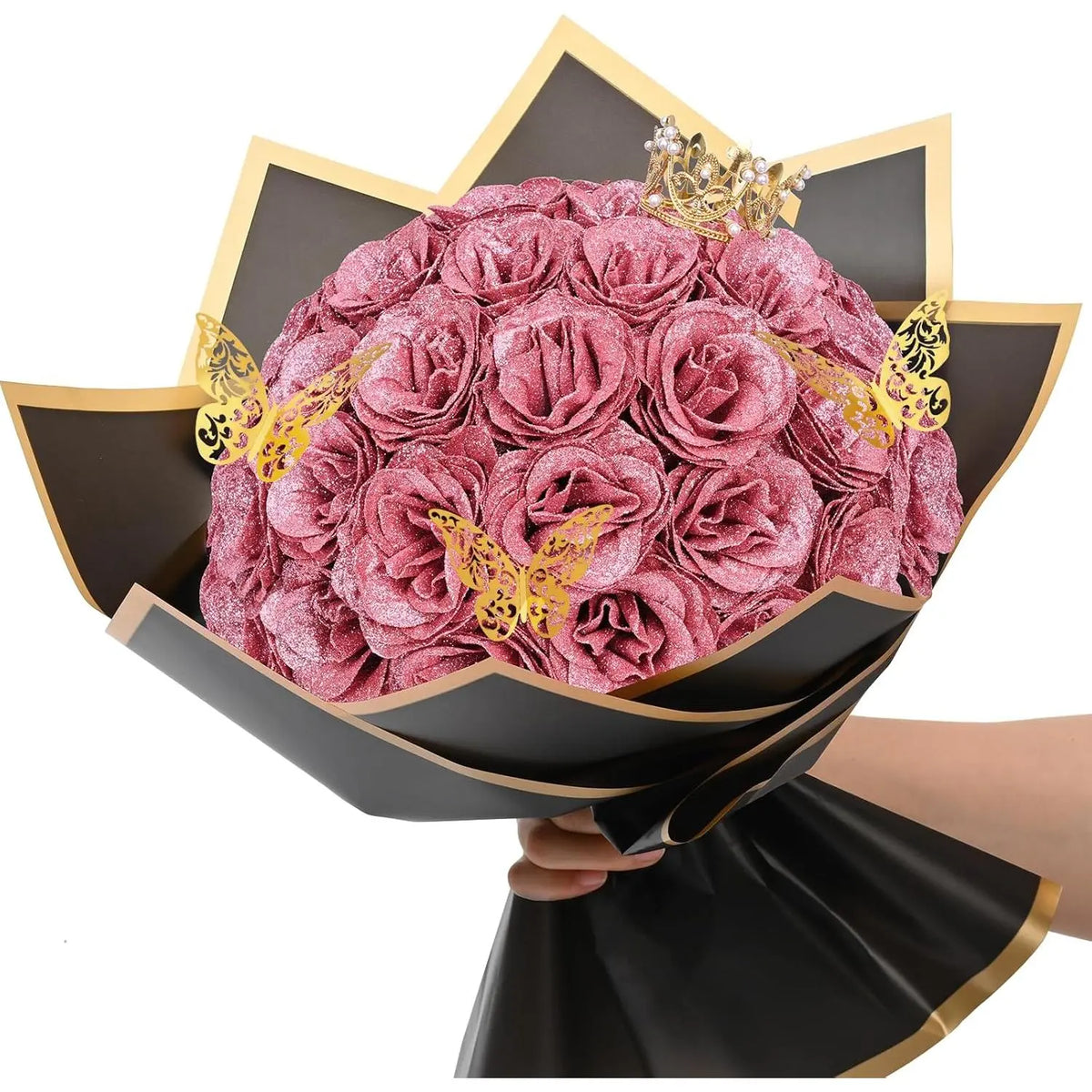 Glitter Roses Bouquet, DIY Bouquet, Everlasting Shiny Artificial Rose Bouquet for Valentine's Day, Anniversary, Engagement, Wedding, 24 Roses