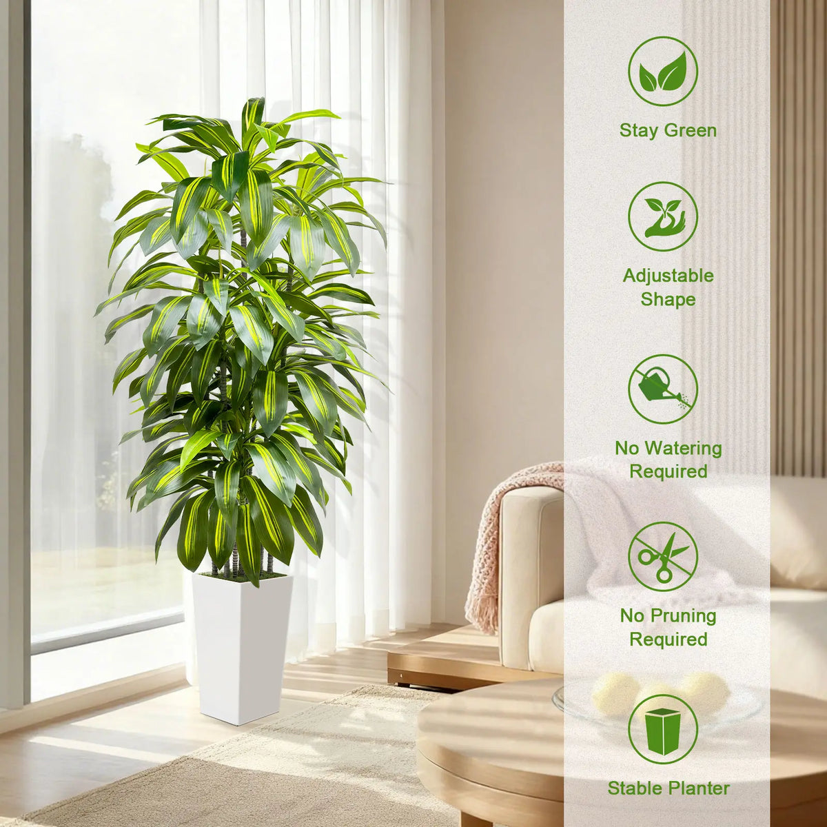 Artificial Dracaena Tree 5FT 6FT – Indoor Tall Fake Plant with Decorative Planter – Faux Floor Plants for Home Living Room Office White or Black Pot