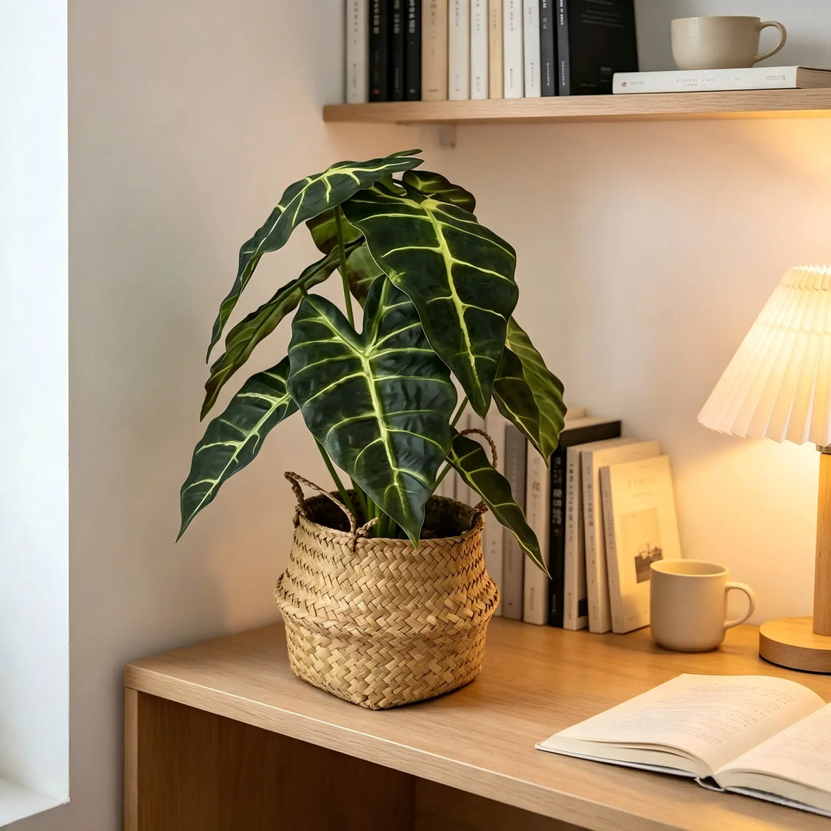 43CM/16.9INCH Realistic Artificial Tropical Potted Plant, Fake Foliage Houseplant With Hand‑Woven Straw Basket Pot, No‑Care Faux Greenery For Desktop Living Room Bedroom Office Home Decor, Decorative Desk Plant