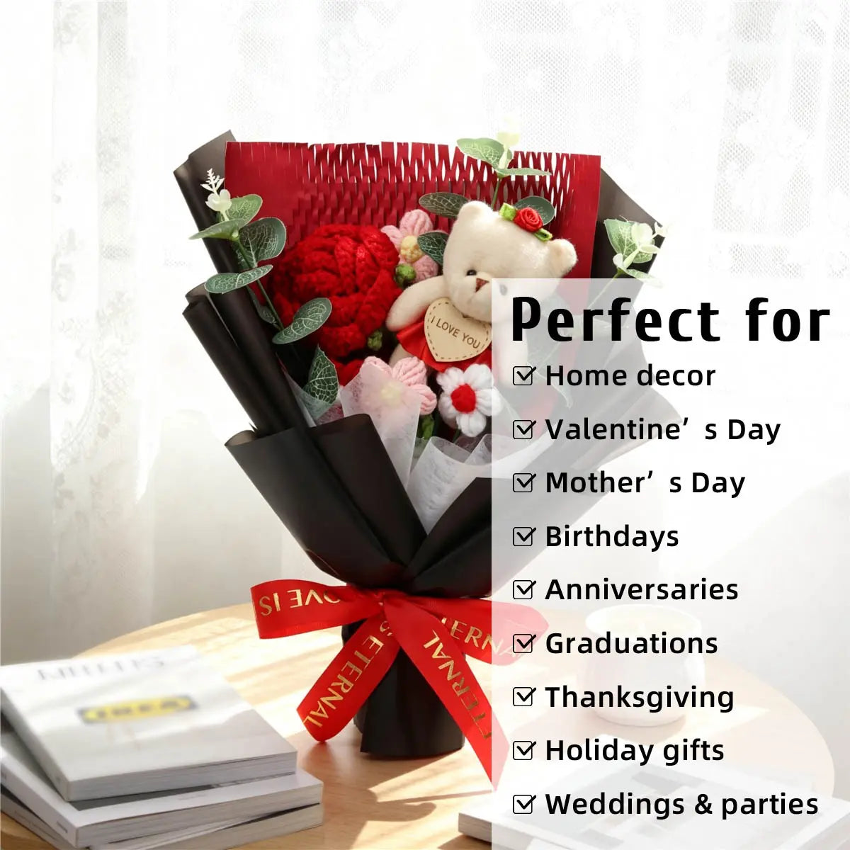 Handmade Crochet Bear Rose Bouquet, Packaging, Artificial Flowers, Valentine's Day Gift, Anniversary Present