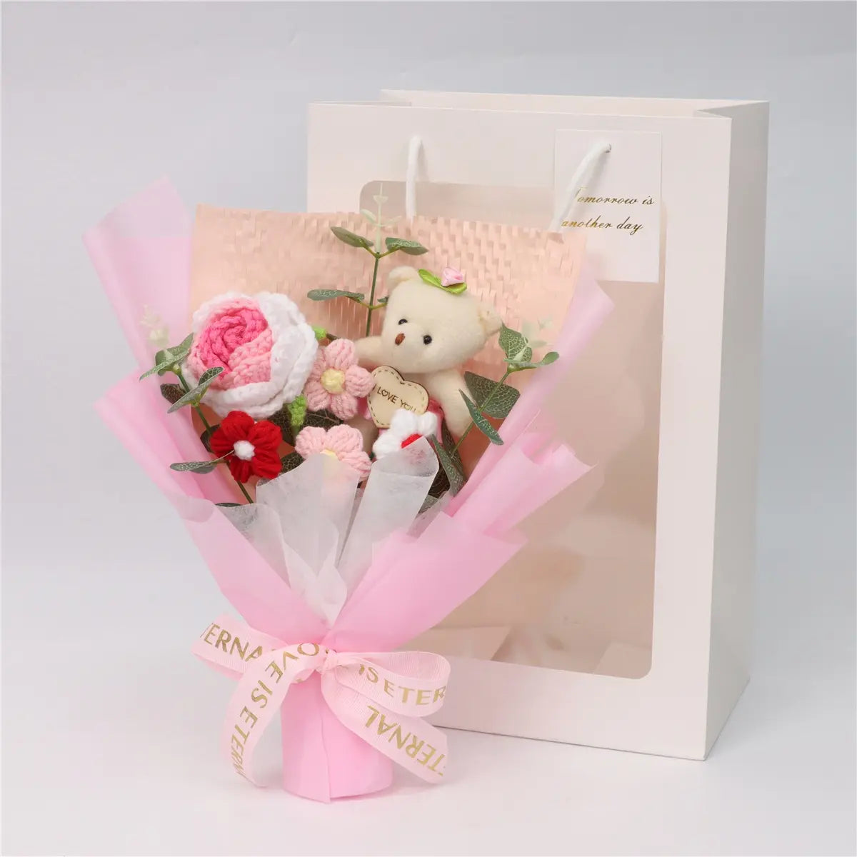Handmade Crochet Bear Rose Bouquet, Packaging, Artificial Flowers, Valentine's Day Gift, Anniversary Present