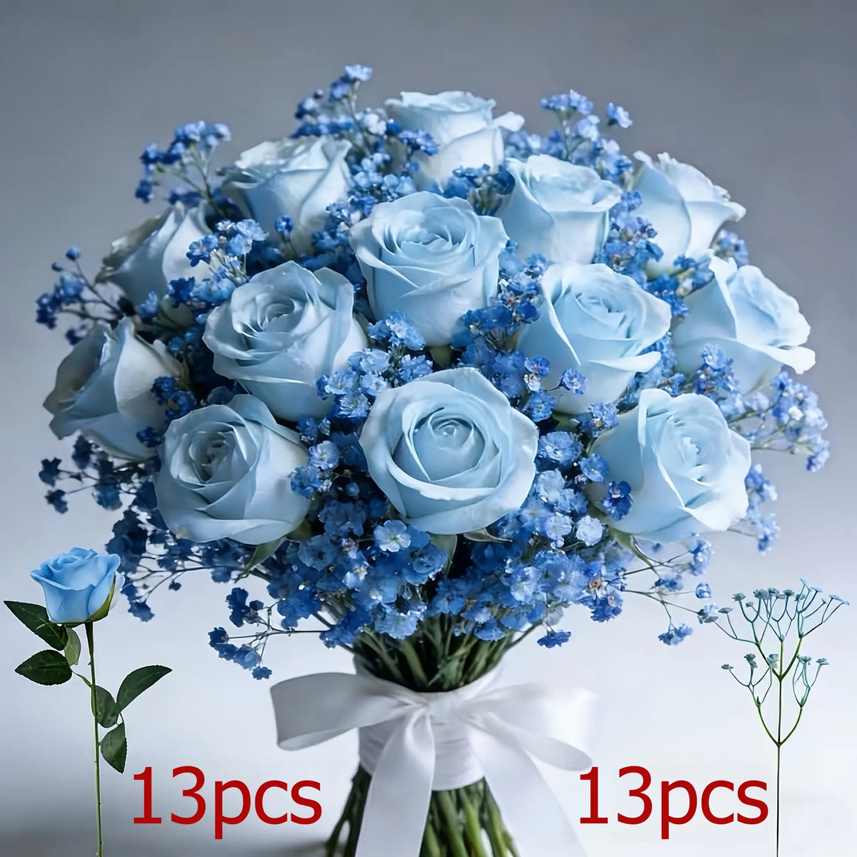 26 Blue Roses & Baby's Breath Bouquet, Lifelike Faux Plastic Flowers, Artificial Flowers Bouquet, Perfect for Graduation, Valentine's Day, Birthday, Home Decor, Gift for Adults & Couples