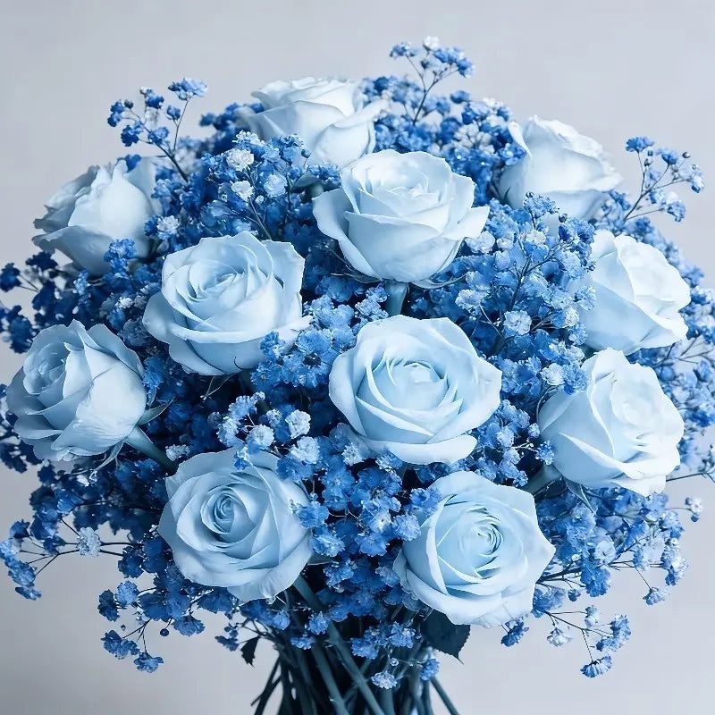 26 Blue Roses & Baby's Breath Bouquet, Lifelike Faux Plastic Flowers, Artificial Flowers Bouquet, Perfect for Graduation, Valentine's Day, Birthday, Home Decor, Gift for Adults & Couples