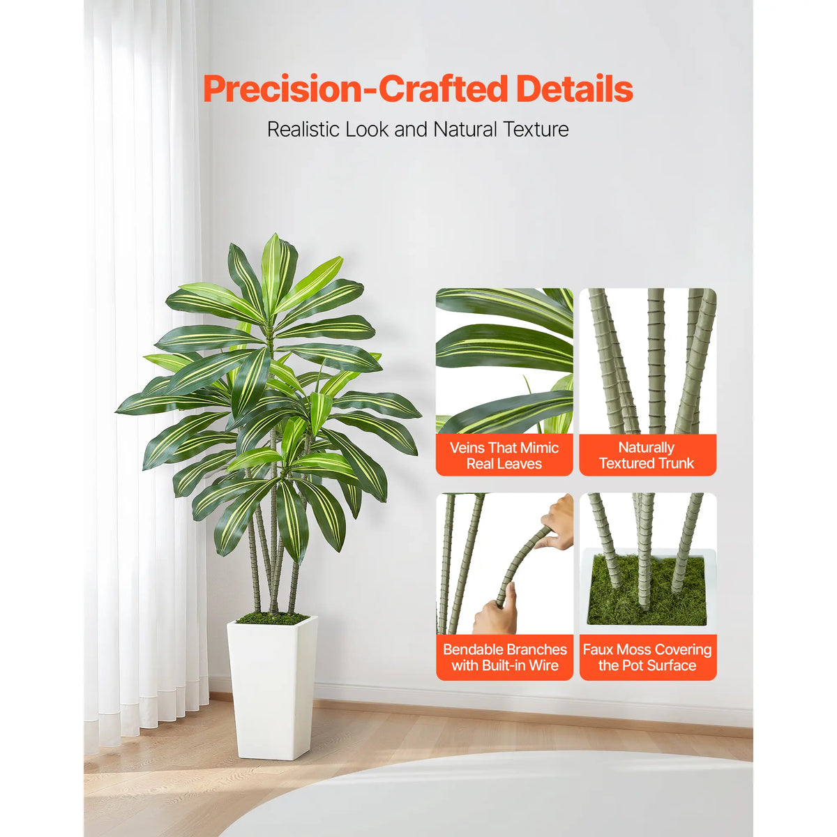 VEVOR Artificial Dracaena Tree 5 ft,  Fake Palm Tropical Plants with White Tall Planter, Faux Floor Silk Plant in Pot, Large Trees for Home Office Living Room Decor House Warming, Indoor Outdoor