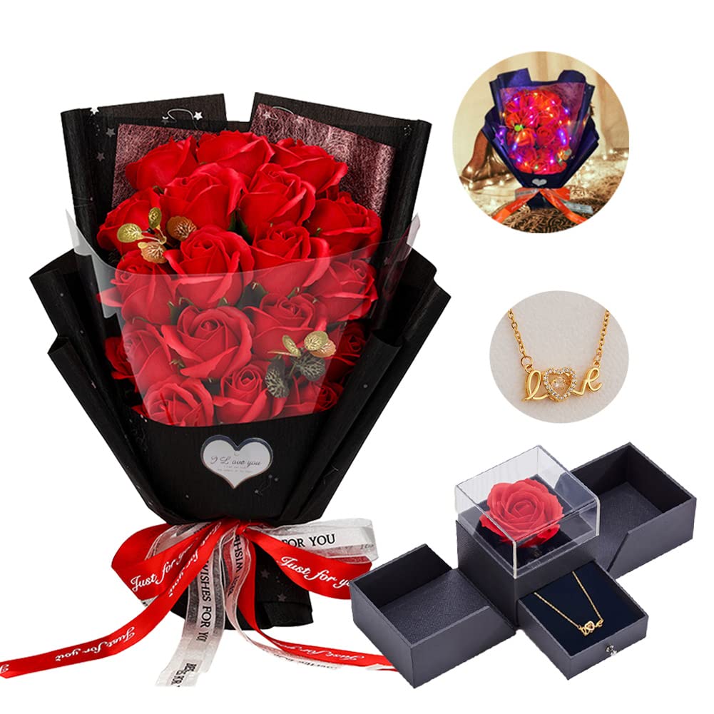 EIGHTOWN Roses Bouquet Artificial Flower - Preserved Red Rose Flowers with Love Necklace for Her - Unique Gifts Valentine's Day, Mother's Day, Thanksgiving, Birthday, Anniversary