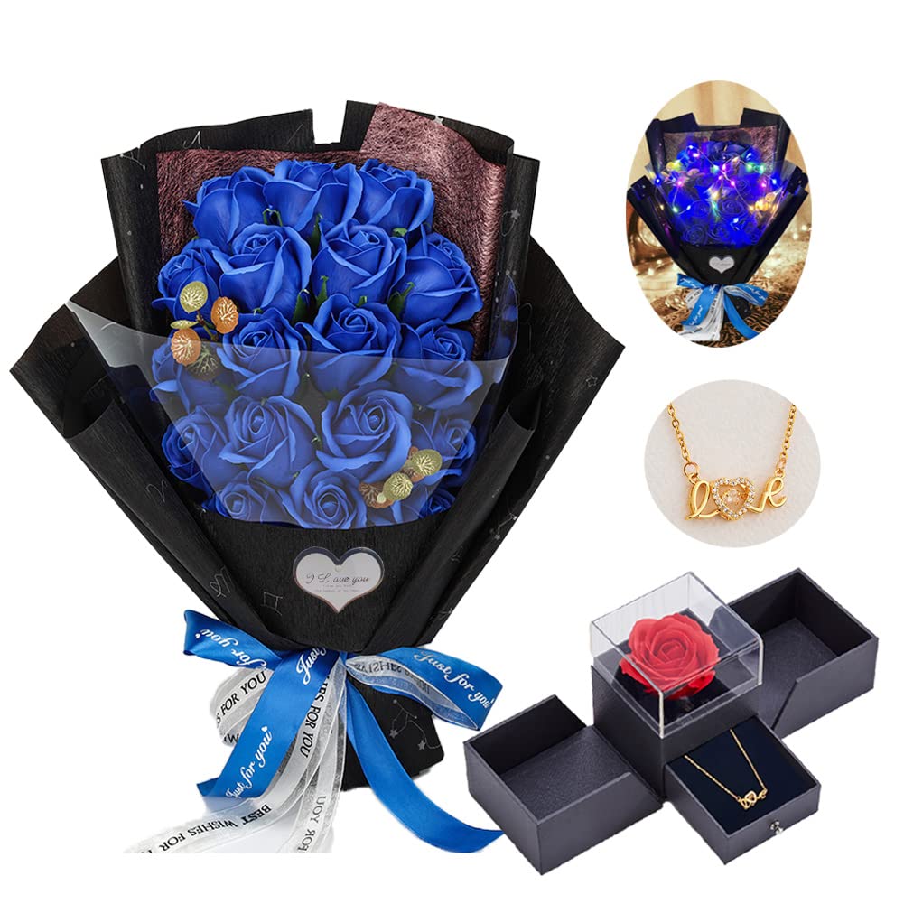 EIGHTOWN Roses Bouquet Artificial Flower - Preserved Red Rose Flowers with Love Necklace for Her - Unique Gifts Valentine's Day, Mother's Day, Thanksgiving, Birthday, Anniversary