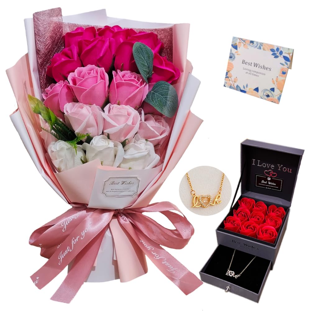 EIGHTOWN Roses Bouquet Artificial Flower - Preserved Red Rose Flowers with Love Necklace for Her - Unique Gifts Valentine's Day, Mother's Day, Thanksgiving, Birthday, Anniversary