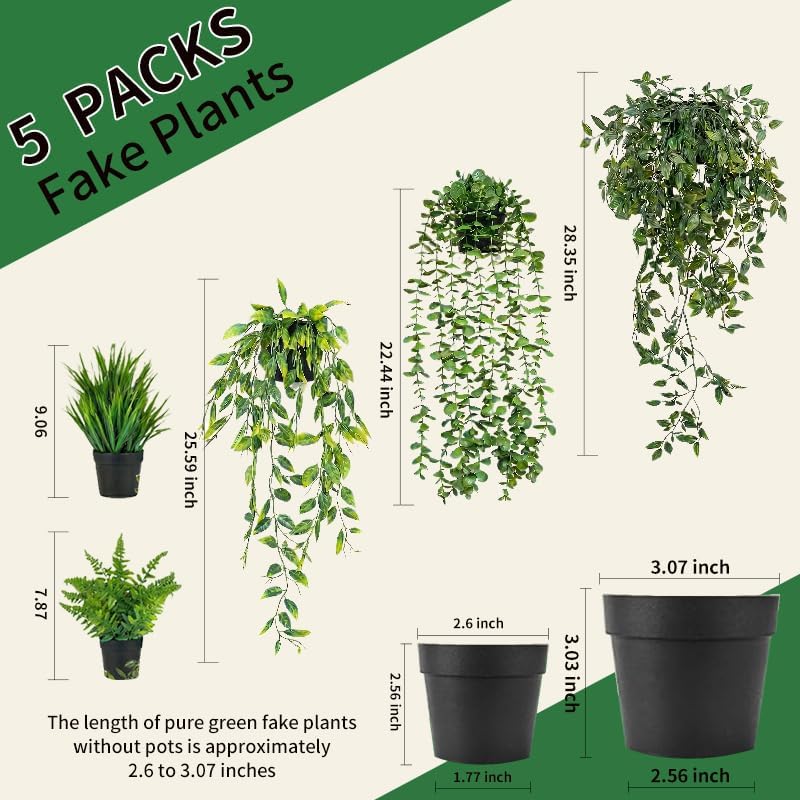 5 Pack Fake Plants - Artificial Hanging Plants & Small Potted Faux Eucalyptus Fern Ivy, UV Resistant Maintenance-Free, for Shelf Wall Desk Home Office Bathroom Indoor Outdoor Decor
