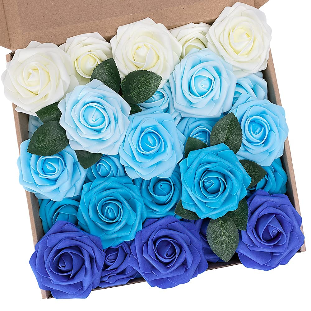 N&T NIETING Artificial Flowers 25Pcs Real Touch Fake Roses Foam Flowers with Stems for DIY Wedding Bridesmaid Bridal Bouquets Centerpieces Home Arrangement Party Tables Decoration,Series Purple