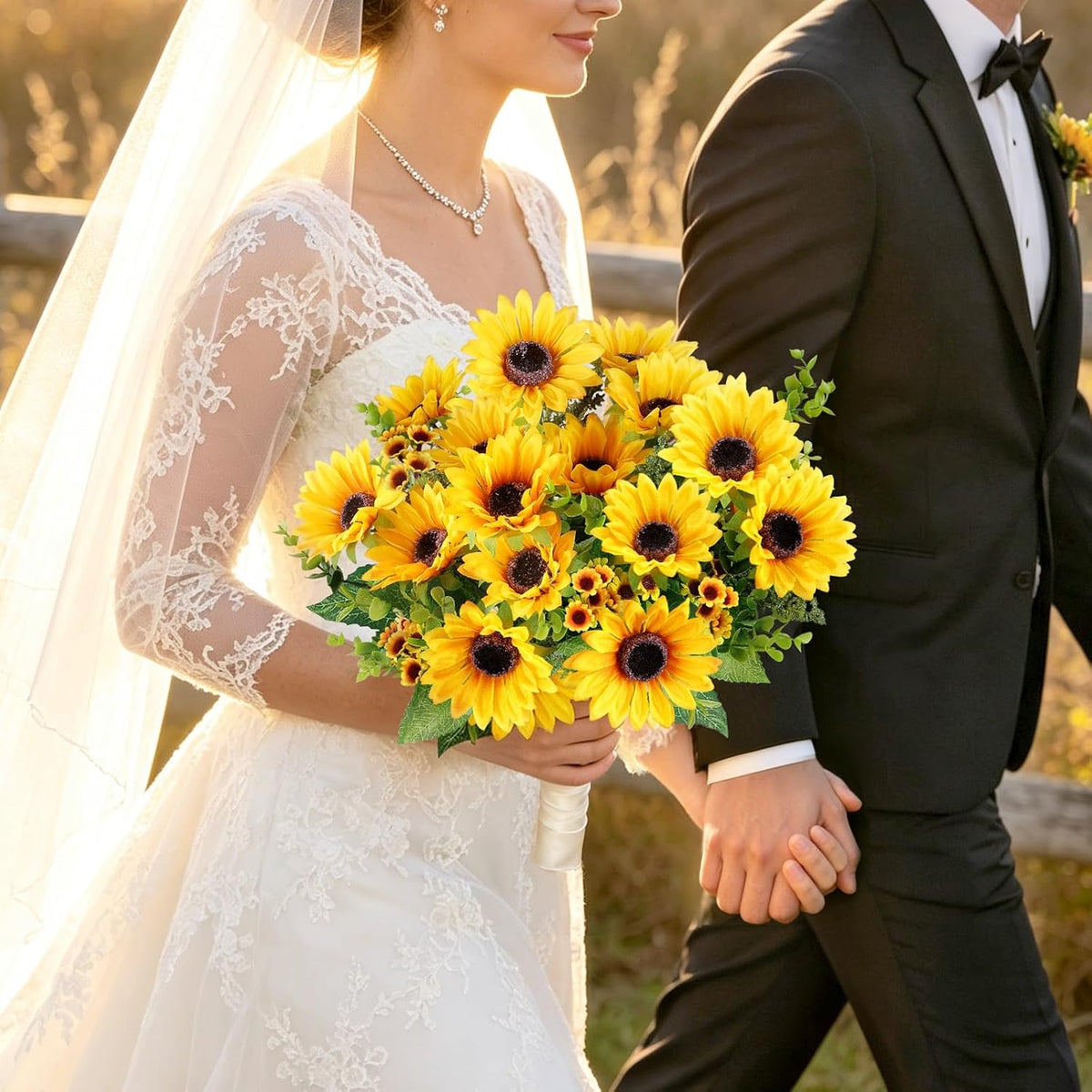 AmyHomie Artificial Sunflowers for Outdoors Fall Decor, 2 Bouquets