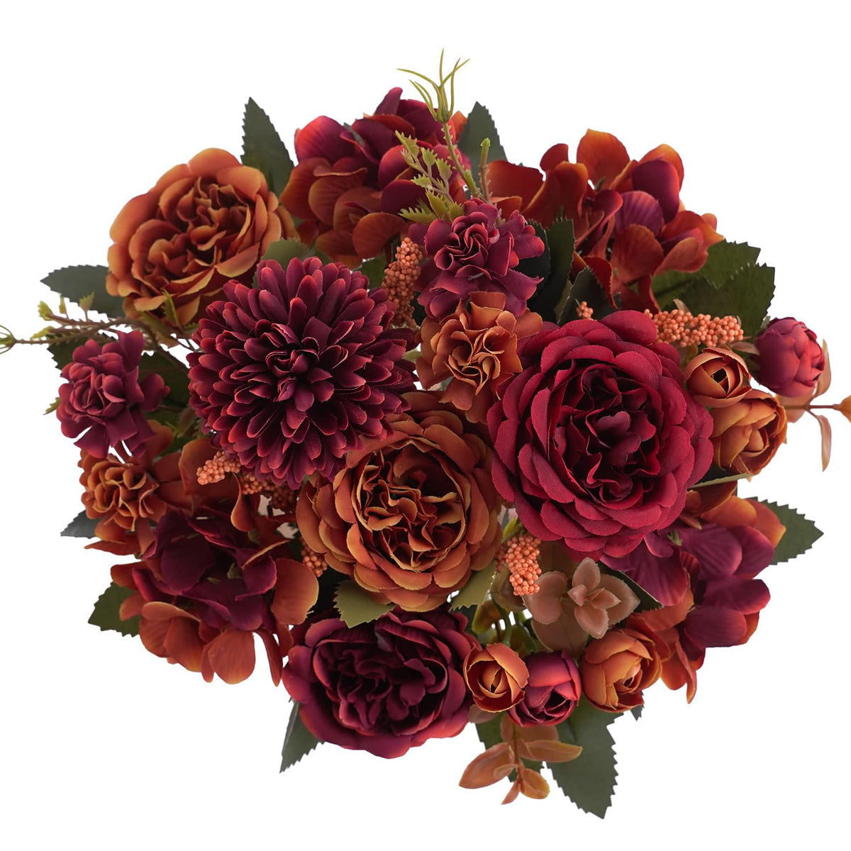 2 Pcs Fall Artificial Peony Hydrangea Bouquet, Burnt Orange Red Silk Faux Flower, Autumn Faux Floral Arrangements for Wedding Table Centerpiece Thanksgiving Halloween Farmhouse Indoor Outdoor Decor