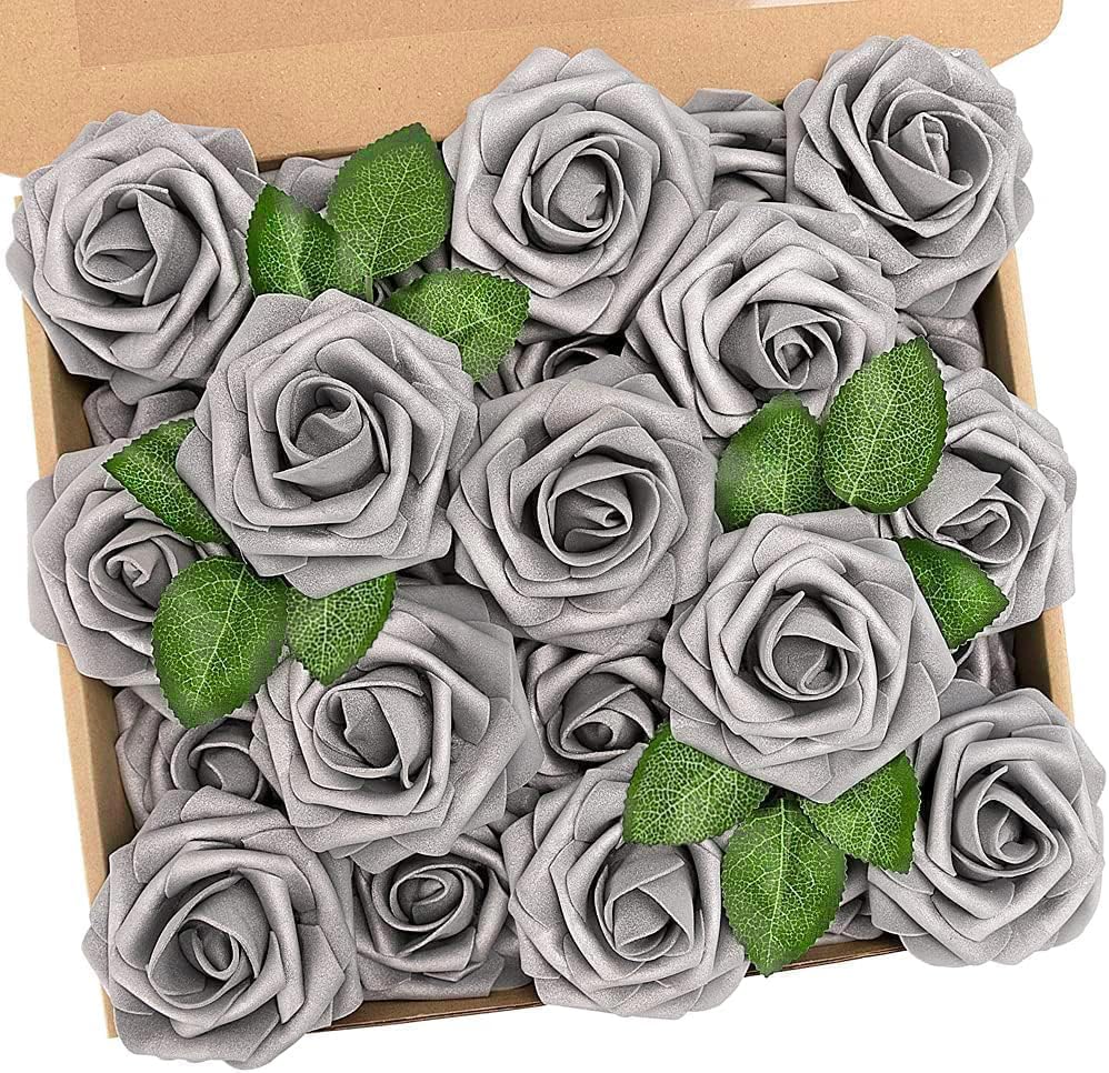 N&T NIETING Artificial Flowers 25Pcs Real Touch Fake Roses Foam Flowers with Stems for DIY Wedding Bridesmaid Bridal Bouquets Centerpieces Home Arrangement Party Tables Decoration,Series Purple