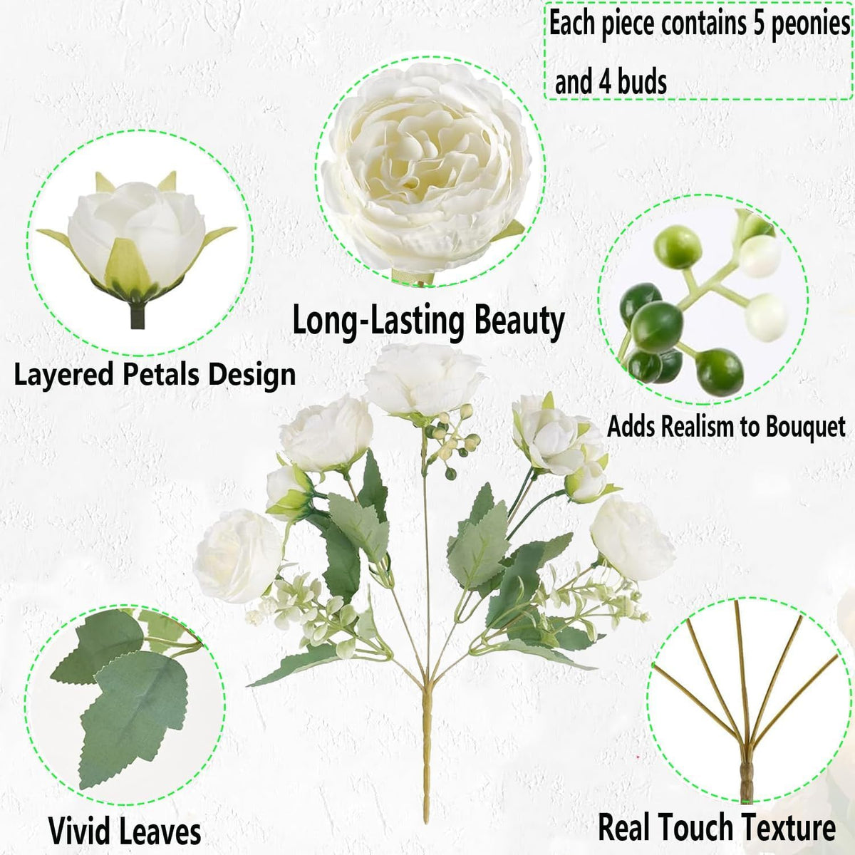 Peonies Artificial Flowers Bouquet, Lifelike Silk Fake Peonies with Stems for Home Table Centerpieces, Wedding, Party & DIY Bridal Floral Arrangements (12, White)
