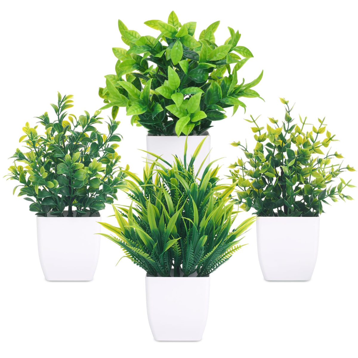 CEWOR Fake Plants 4 Packs Small Artificial Greenery Mini White Potted Plants Bathroom Accessories Decorations for Desk Bathroom Office Home Room Kitchen Table Indoor