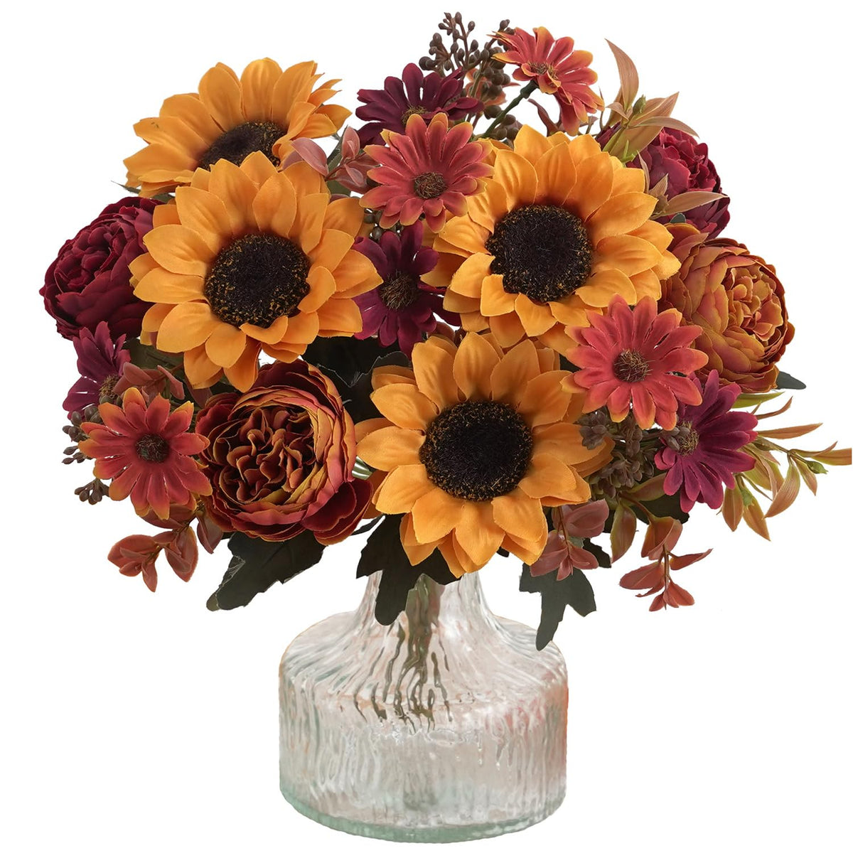 2 Pcs Fall Artificial Sunflower Peony Bouquet, Yellow Burgundy Silk Faux Flower, Autumn Faux Floral Arrangements for Wedding Table Centerpiece DIY Thanksgiving Farmhouse Indoor Outdoor Party Decor