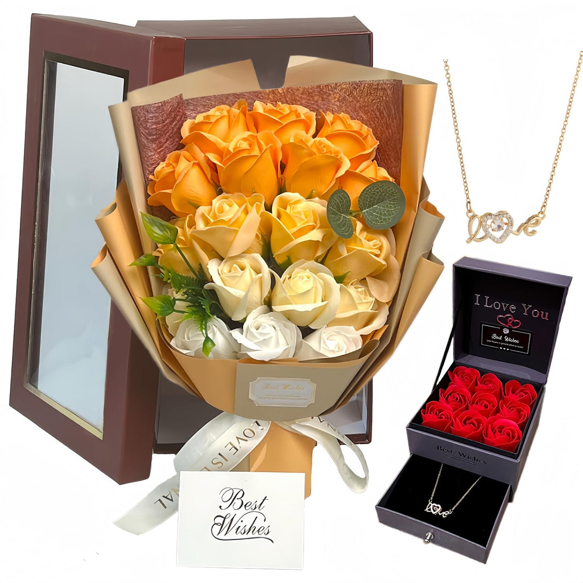 EIGHTOWN Roses Bouquet Artificial Flower - Preserved Red Rose Flowers with Love Necklace for Her - Unique Gifts Valentine's Day, Mother's Day, Thanksgiving, Birthday, Anniversary