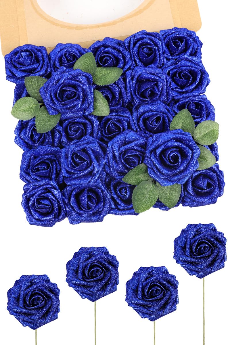 N&T NIETING Artificial Flowers 25Pcs Real Touch Fake Roses Foam Flowers with Stems for DIY Wedding Bridesmaid Bridal Bouquets Centerpieces Home Arrangement Party Tables Decoration,Series Purple