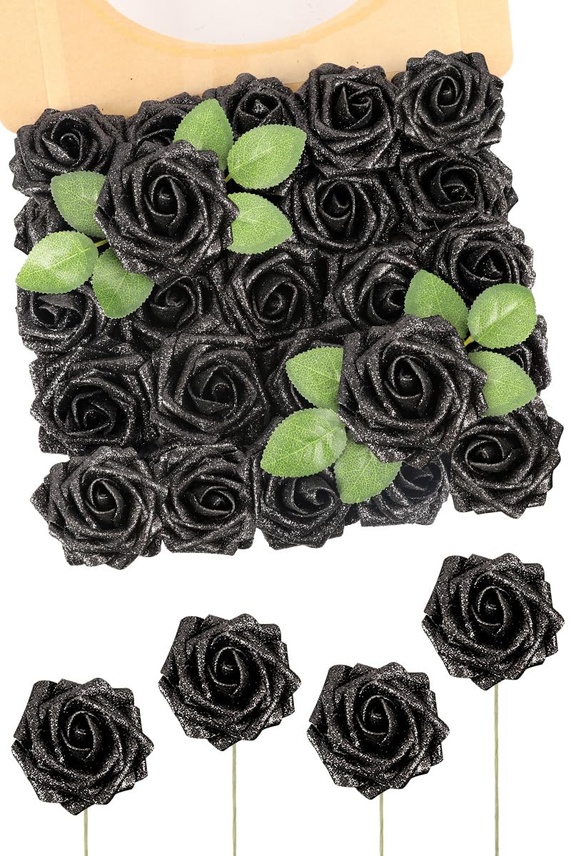 N&T NIETING Artificial Flowers 25Pcs Real Touch Fake Roses Foam Flowers with Stems for DIY Wedding Bridesmaid Bridal Bouquets Centerpieces Home Arrangement Party Tables Decoration,Series Purple