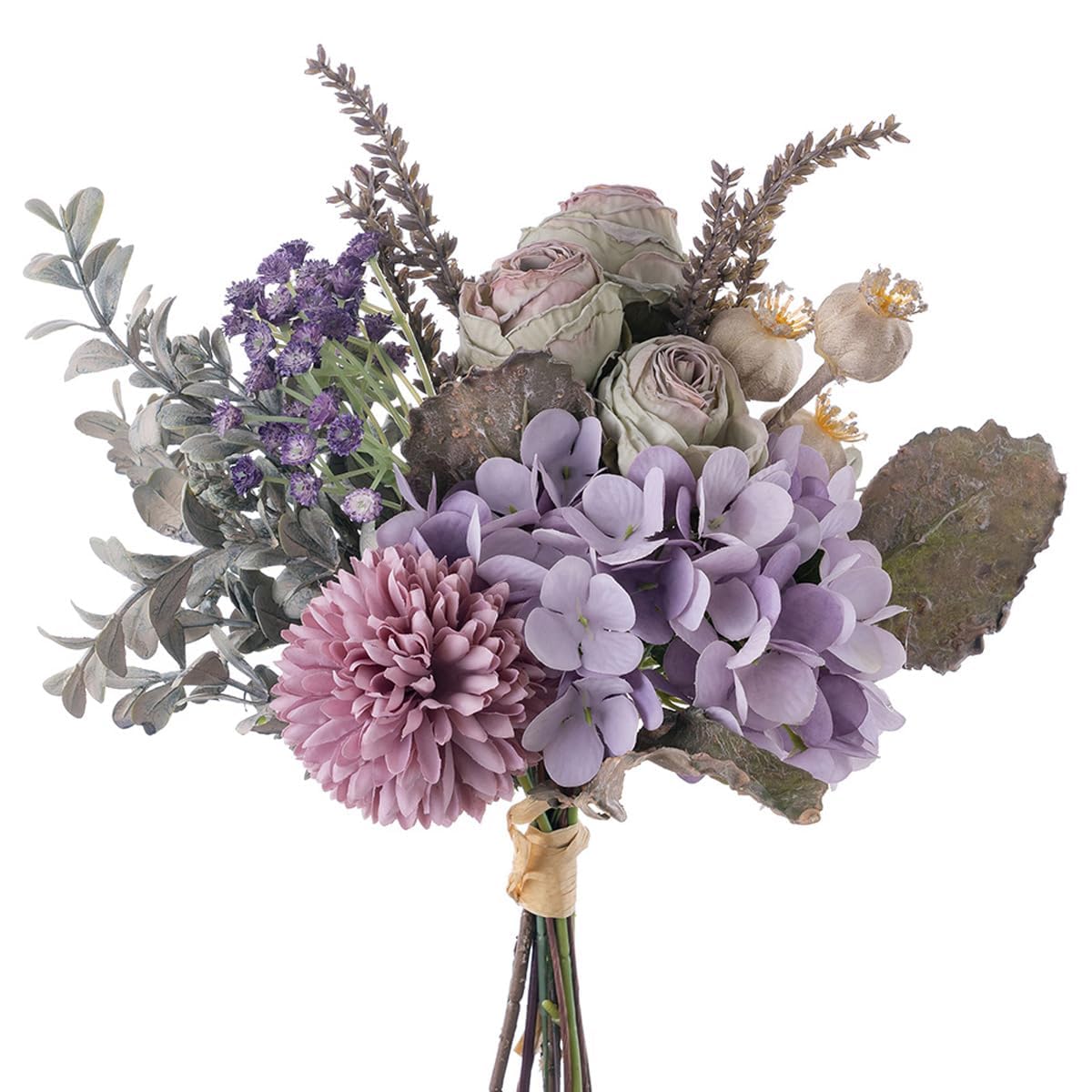 12-inch Small Fake Silk Flowers Fall Bouquet Faux Centerpieces with Roses, Dandelions, Hydrangea, Daisies, Hollyberries - Realistic Artificial Floral Arrangements for Home Kitchen Decor