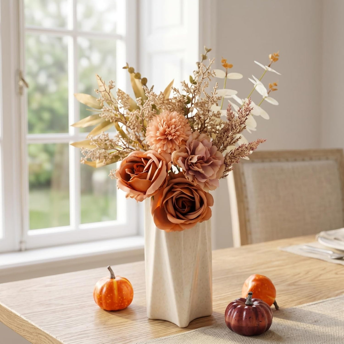 Artificial Flowers Bouquet - Faux Silk Flowers Centerpiece, Realistic Fake Flowers Plants for Home Decor Dining Table, Indoor Vase, Wedding Bouquet Arrangements (Orange)