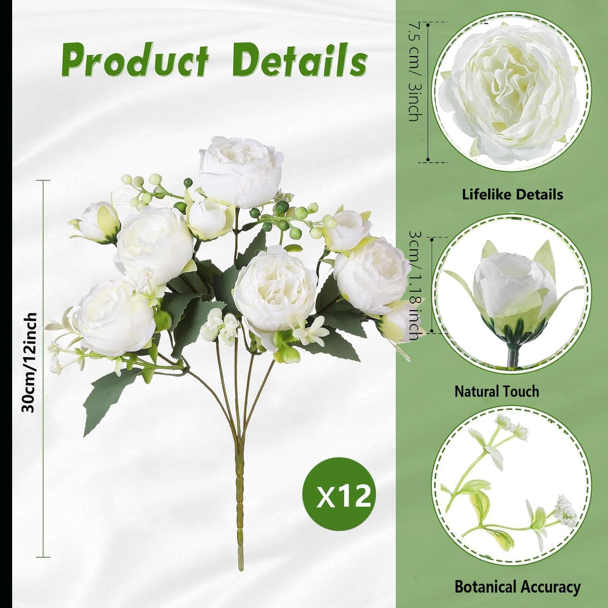 Peonies Artificial Flowers Bouquet, Lifelike Silk Fake Peonies with Stems for Home Table Centerpieces, Wedding, Party & DIY Bridal Floral Arrangements (12, White)