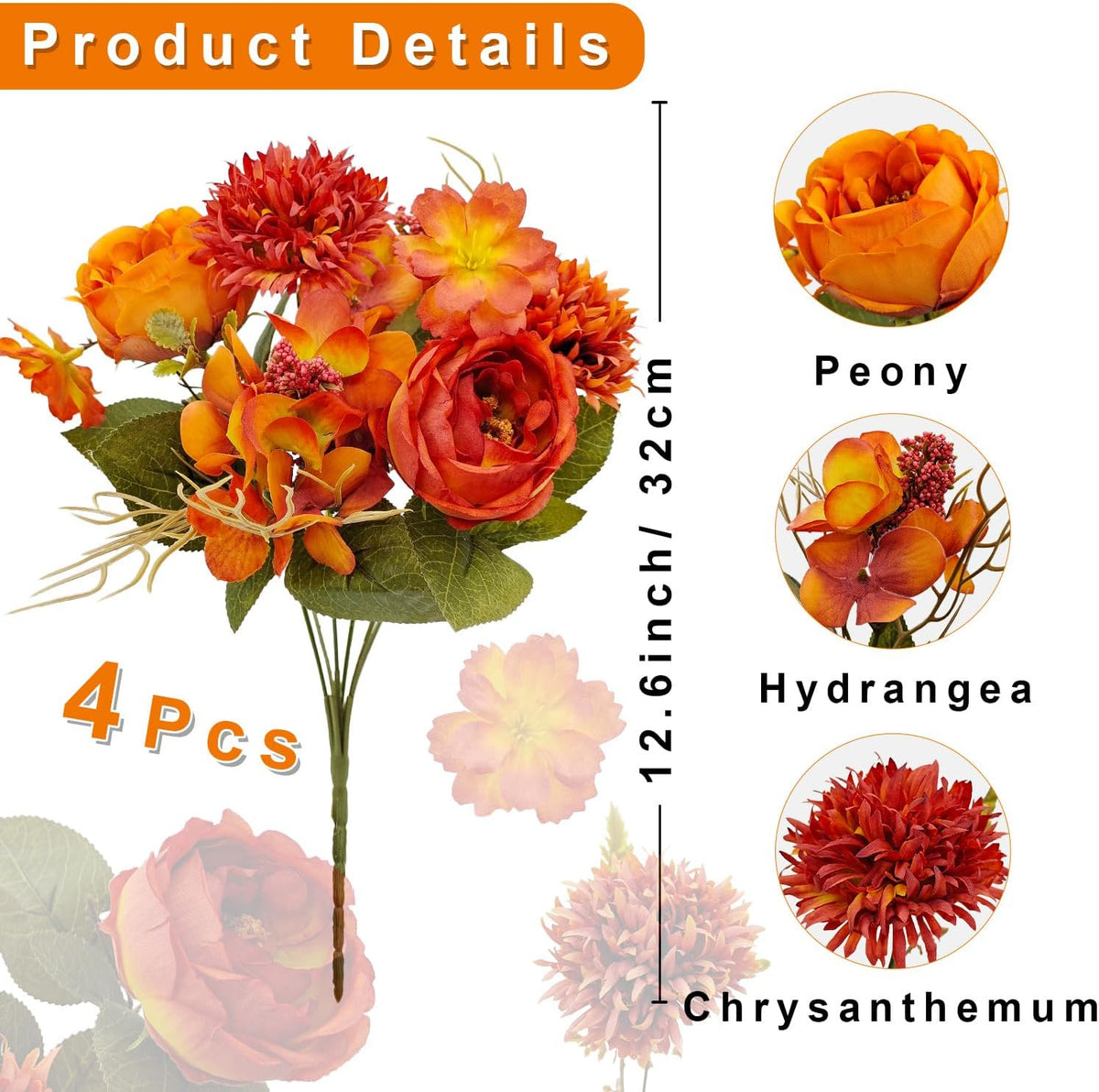 2 Bundles Fall Artificial Flowers Bouquet Fake Peony Silk Chrysanthemums Autumn Faux Floral Arrangements for Home Decor Indoor Kitchen Table Centerpieces Vase Decoration (2, Burnt Orange)