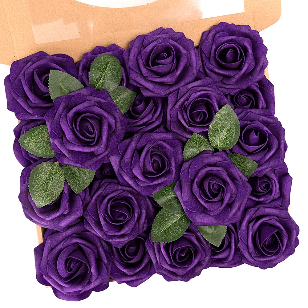 N&T NIETING Artificial Flowers 25Pcs Real Touch Fake Roses Foam Flowers with Stems for DIY Wedding Bridesmaid Bridal Bouquets Centerpieces Home Arrangement Party Tables Decoration,Series Purple